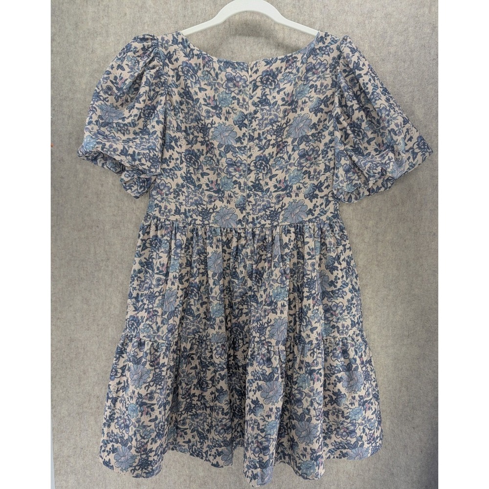 Aureum Blue Floral Puff Sleeve Tiered Mini Dress Square Neck Womens Size M - Picture 4 of 8